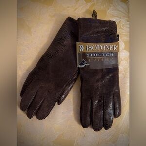 Isotoner Women’s Dark Brown Stretch Leather Gloves Stylish Winter Warm NWT